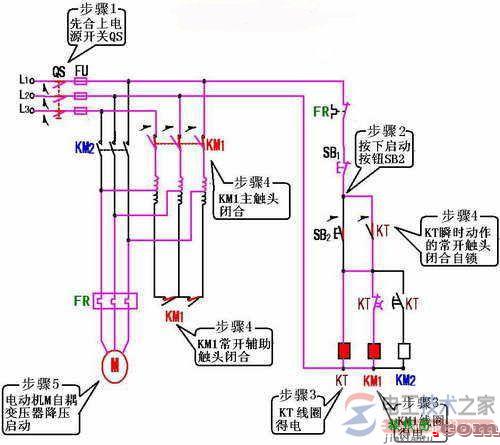 电动机M自耦变压器降压启动的实物接线图  第1张