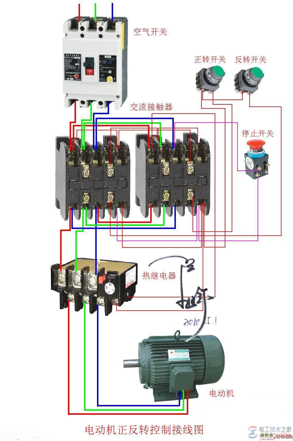 电动机接线图：三相电动机正反转接触器互锁实物接线图  第1张