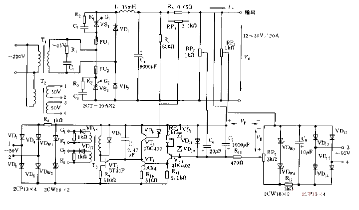 采用晶闸管构成的输出12V-30V，20A的稳压电源电路图  第1张
