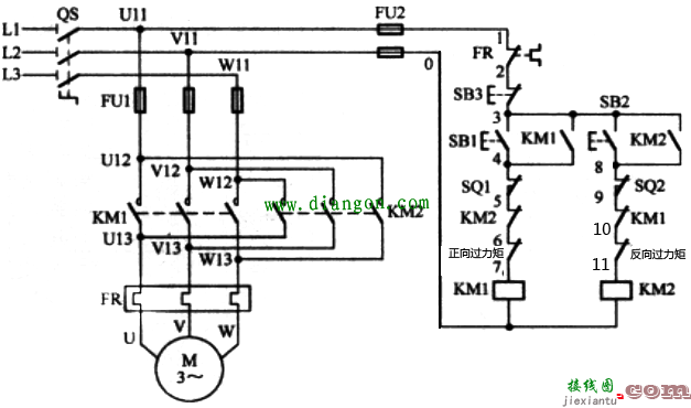 电动机正反转控制电路图原理+限位控制实物接线图  第3张