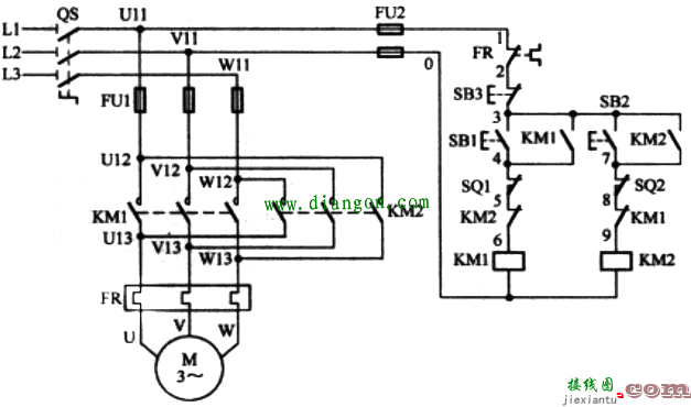 电动机正反转控制电路图原理+限位控制实物接线图  第1张