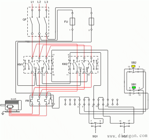电动机可逆点动双互锁带限位保护控制电路图和接线图  第2张