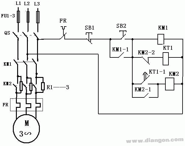 笼型电动机定子串联电阻降压启动的控制线路图  第1张