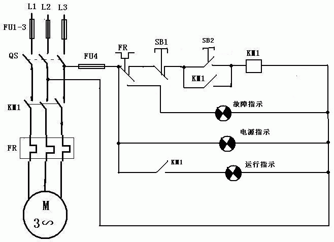 三相异步电动机启动控制线路图（带故障指示灯）  第1张