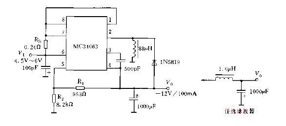 采用MC34063系列构成的极性反转型稳压电路图  第1张