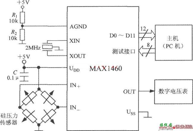 MAX1460和硅压力传感器构成的压力检测系统电路图  第1张