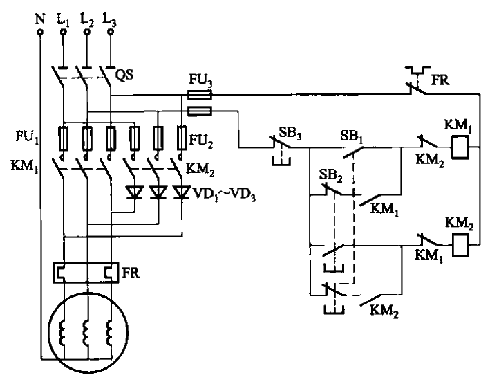 电动机绕组为Y形连接时改向低速运行控制电路  第1张