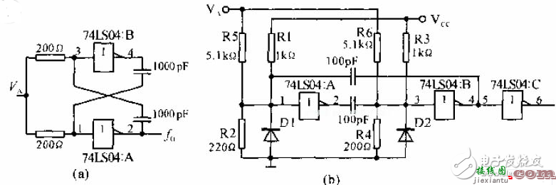 对称式多谐振荡器电路图 - 多谐振荡器电路图大全（温控报警/555/自激振荡电路/压控TTL对称多谐振荡器）  第2张