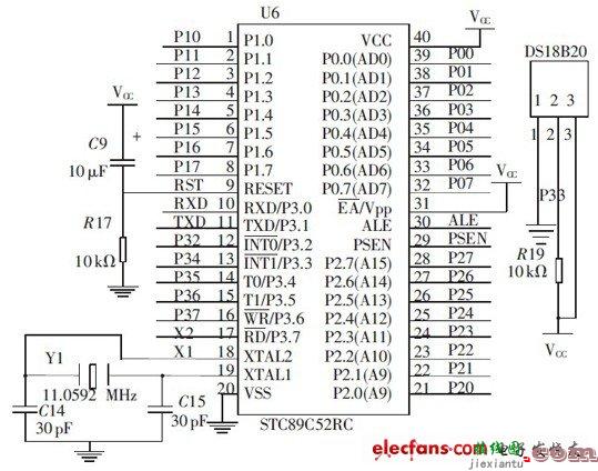 微控制器模块和DS18B20 的连接电路图  第1张