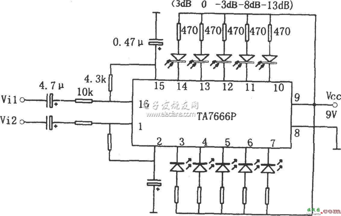 TA7666P双路五位LED电平显示驱动电路原理图  第1张