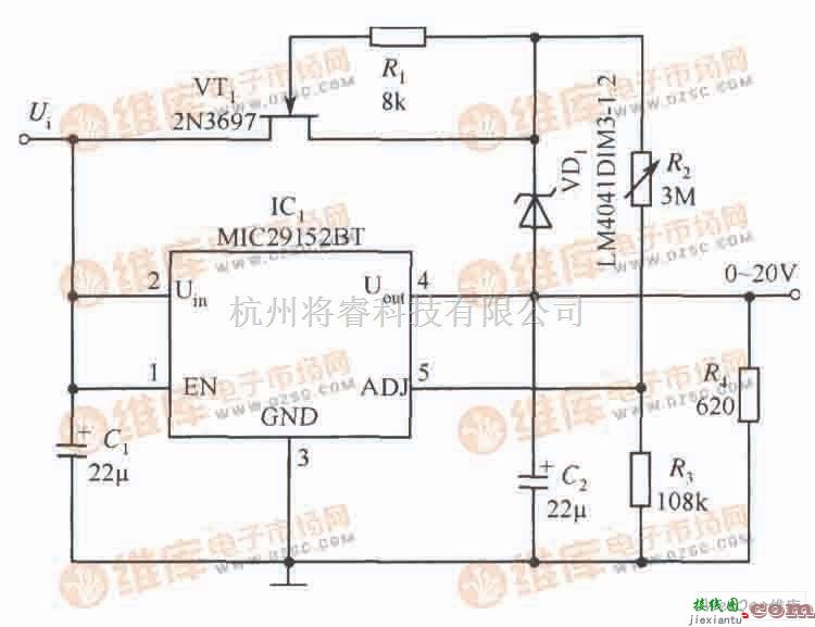 基础电路中的MIC29152BT构成的输出电压0～20V连续可调的稳压器电路  第1张