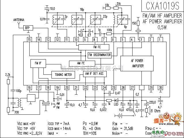 音频电路中的CXA1019S 音响IC电路图  第1张