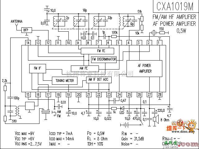 音频电路中的CXA1019M 音响IC电路图  第1张