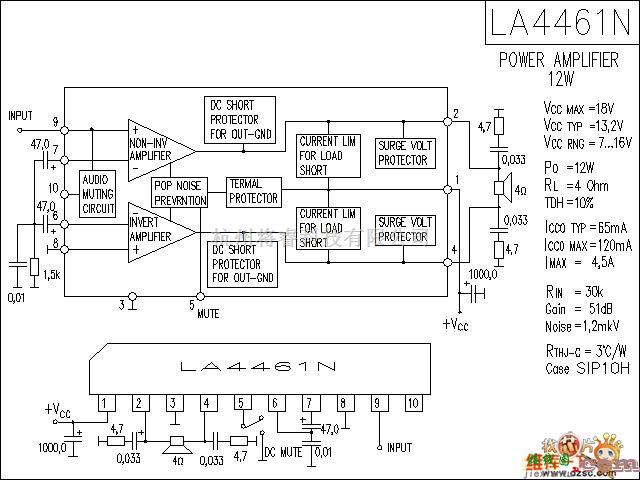 音频电路中的LA4461N 音响IC电路图  第1张