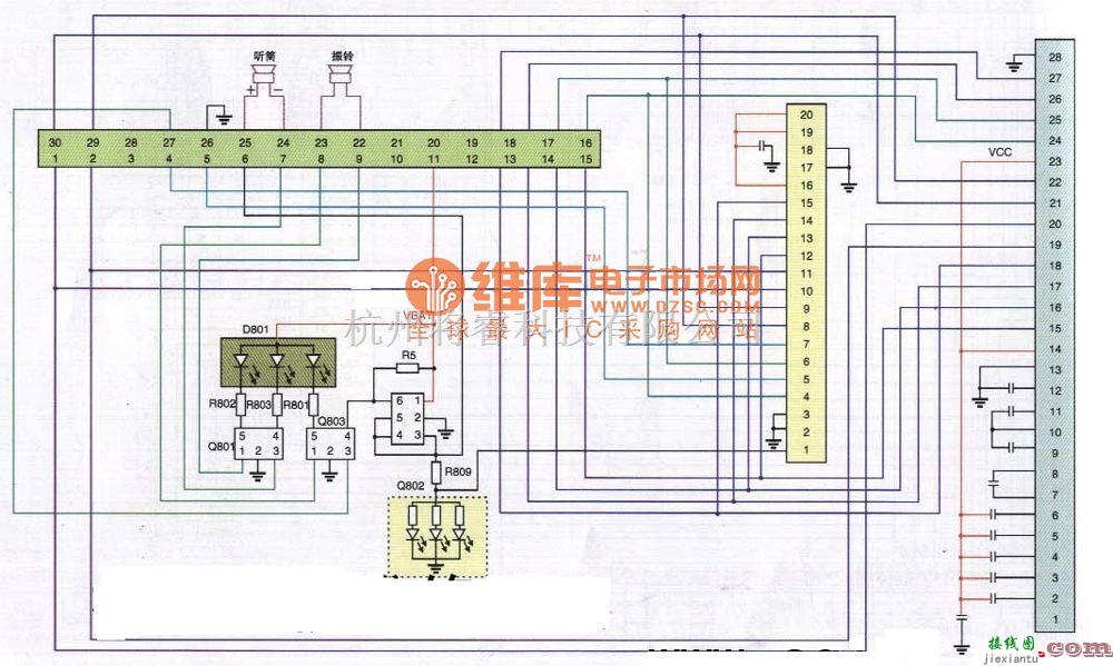 综合电路中的小灵通天创T18型手机排线电路原理图  第1张