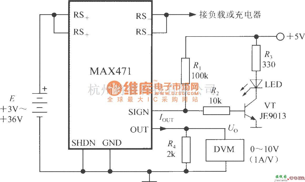 集成电流传感器、变送器中的由集成电流传感器MAX471构成±3A电流监测仪的电路  第1张