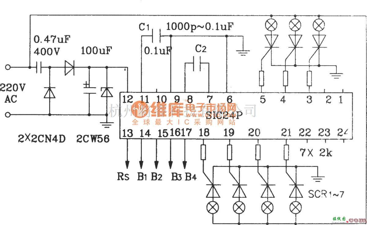 灯光控制中的SIC24P用于控制交流彩灯应用电路  第1张