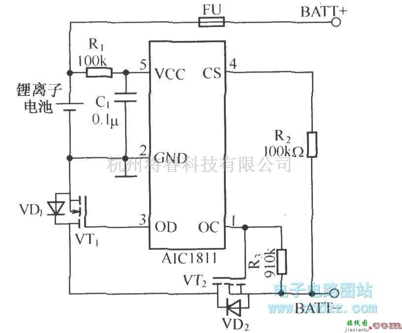 电源电路中的AICl811组成的单节锂离子电池保护电路  第1张