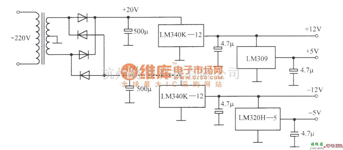 电源电路中的LM340K-12,LM309,LM320-5构成的±5V和±l2V稳压电源  第1张