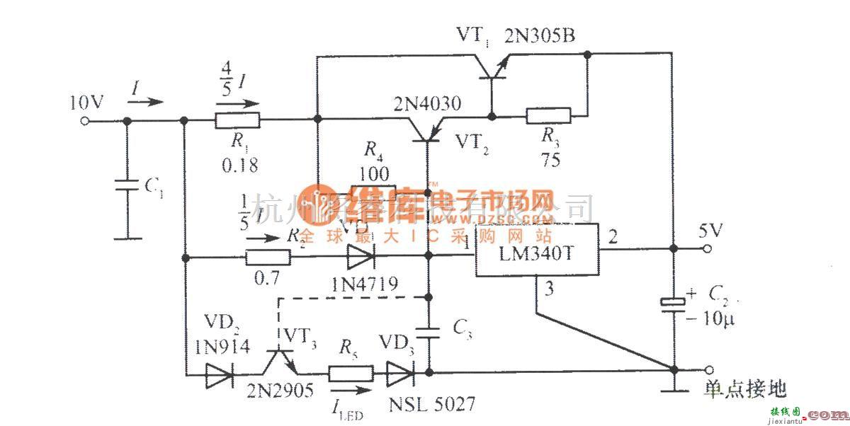 电源电路中的LM340T集成稳压器构成的5A稳压电源电路（给TTL集成电路供电）  第1张