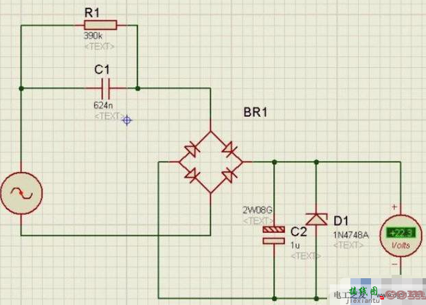一例电容降压直流供电的电路图  第1张