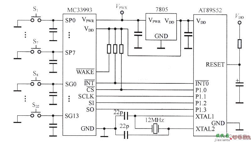 MC33993与AT89C52构成的键盘控制接口电路图