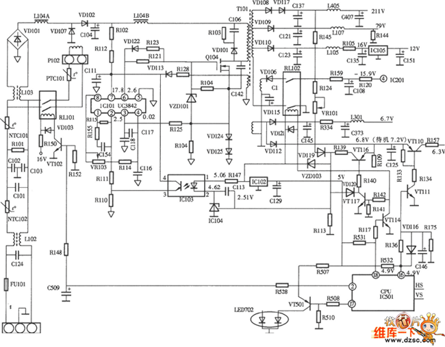 美格珑796FDⅡ型彩显开关电源(UC3842) 电路图  第1张