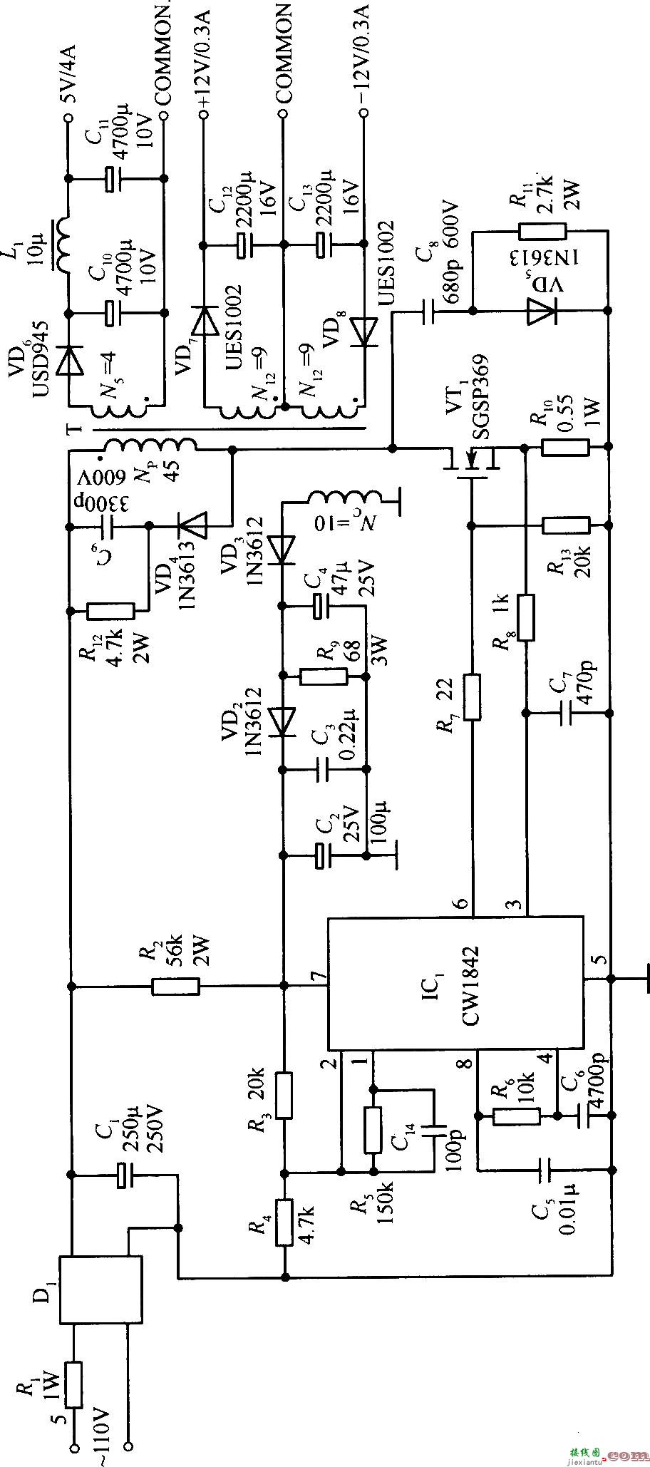 由CW1842外接MOS功率管单端反射变换器电路  第1张