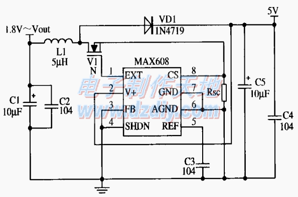 MAX608构成固定5V输出的应用电路  第1张