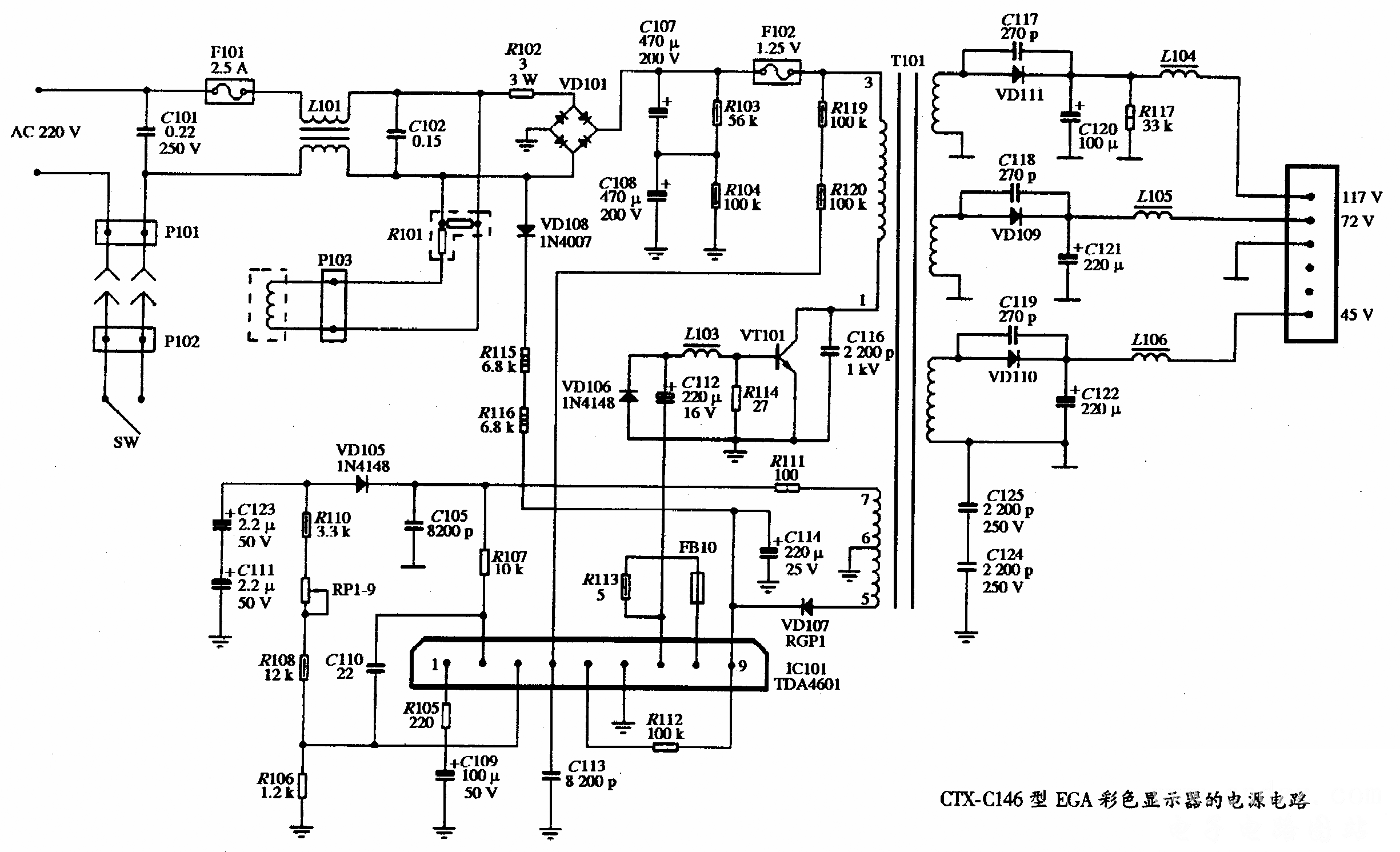 CTX-C146型EGA彩色显示器的电源电路图  第1张