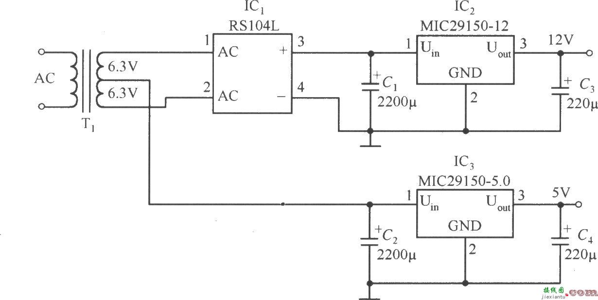 MIC29150-12和MIC29150-5.0稳压器构成的低成本的双路输出的稳压  第1张