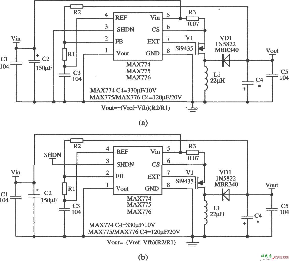 MAX774/MAX775构成输入电压在4.5V以上的输出电压可调的应用电路  第1张