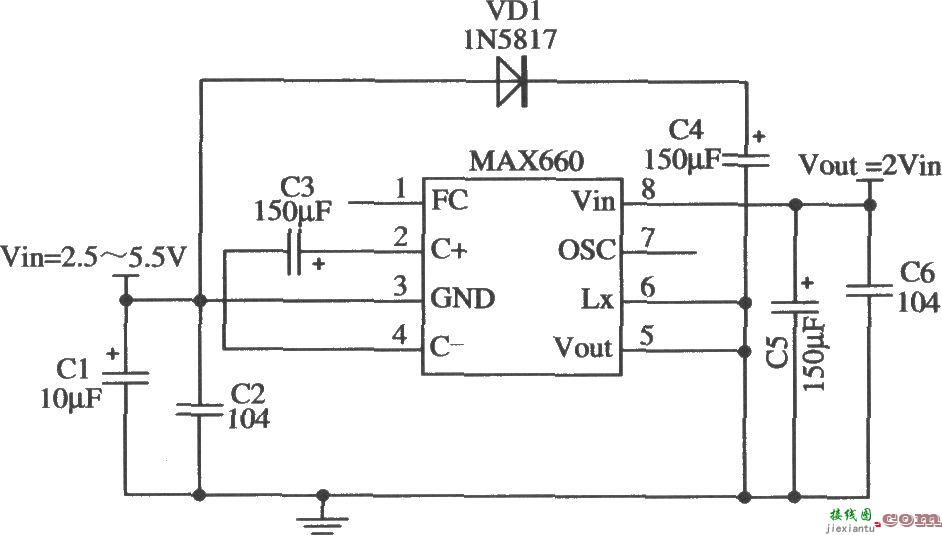 MAX660构成输出二倍压的应用电路  第1张