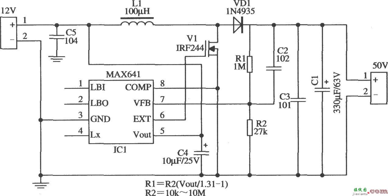 MAX641构成的输出电压较高的升压型应用电路  第1张