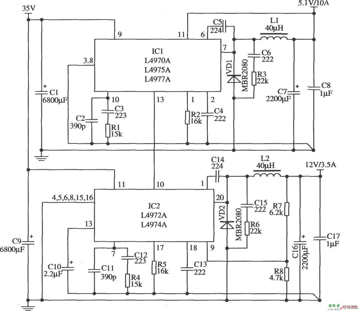 L4970A/L4975A构成的两路同步输出的开关稳压器应用电路  第1张