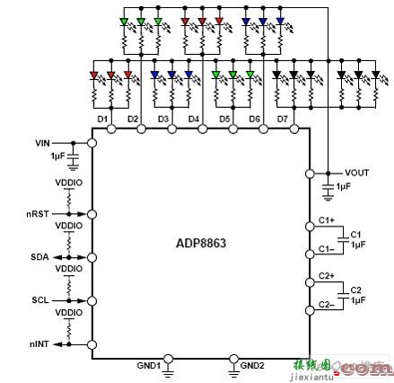 ADP8863采用镇流电阻给LED供电方框图  第1张