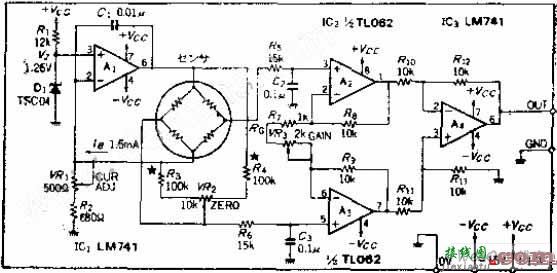 恒定电流驱动的电桥式传感器驱动/放大电路图  第1张