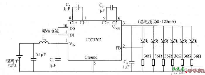 采用电荷泵的锂离子电池供电驱动白光LED电路图  第1张