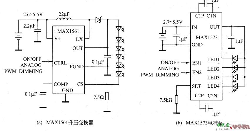 升压和电荷泵变换器驱动LED应用电路图  第1张