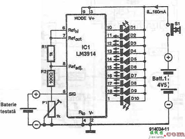 LM3914电池测试仪电路图  第1张