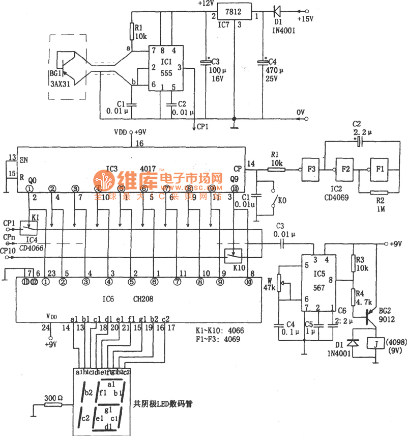十路温度巡回检测电路(555、CD4069、CH208)电路图  第1张