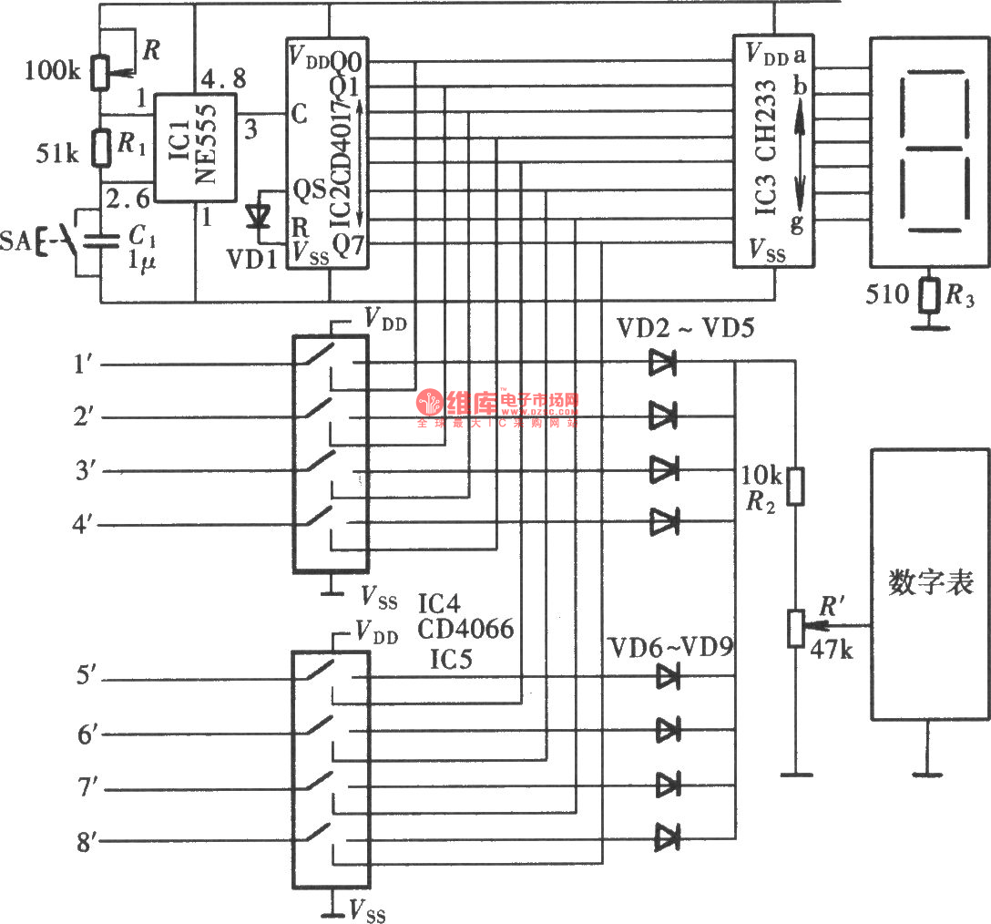 多路电压巡回检测电路图(NE555、CD4066)  第1张