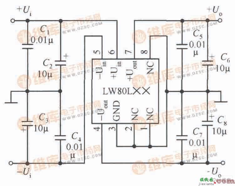 基于LW80L××系列固定输出正负电压双输出集成稳压器的典型应用电路  第1张