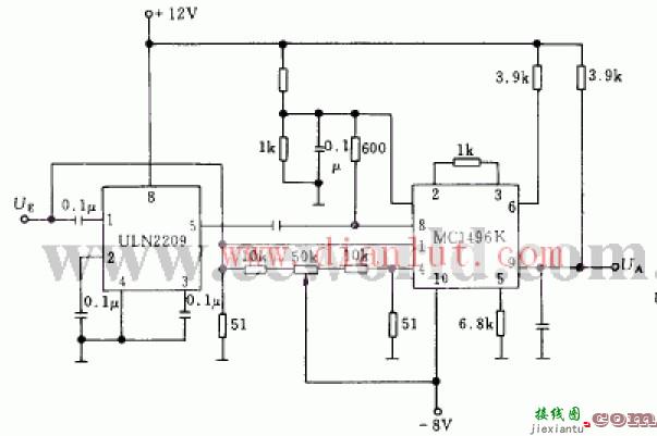 ULN2209和MC1496K幅值调制解调检波器电路原理图  第1张