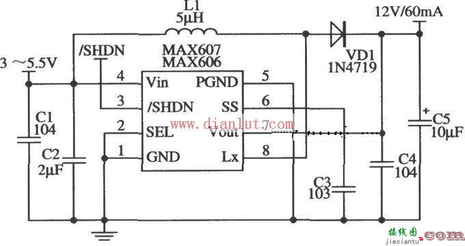 MAX606/MAX607设计的12V输出电路原理图  第1张